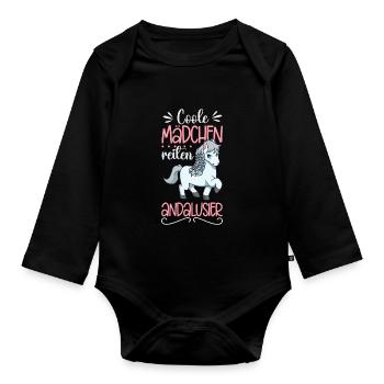 Coole Mädchen reiten Andalusier - Baby Bio-Langarm-Body - Schwarz - Vorne