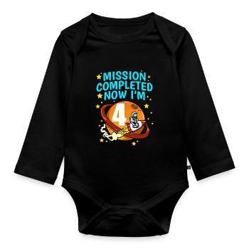 Space Birthday 4 Astronaut Planeten Raketenschiff - Baby Bio-Langarm-Body - Schwarz - Vorne