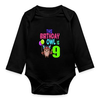 Owl Birthday Kids Girls 9th Birthday Owl Lovers - Organic Longsleeve Baby Bodysuit - black - Front