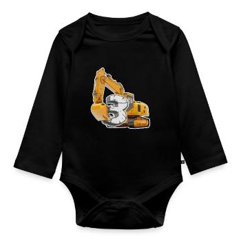 3 years children boys construction site excavator birthday - Organic Longsleeve Baby Bodysuit - black - Front