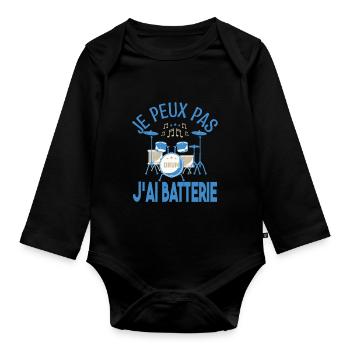 Je peux pas j'ai batterie. Cadeau batteur Musicien - Body Bébé bio manches longues - noir - Devant