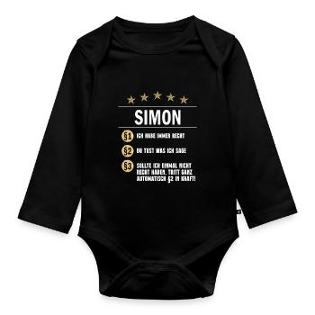 Simon Habe immer Recht Namenstag - Baby Bio-Langarm-Body - Schwarz - Vorne