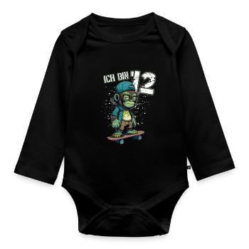 Kinder Geburtstag 12 Jahre - Skater Affe - Baby Bio-Langarm-Body - Schwarz - Vorne