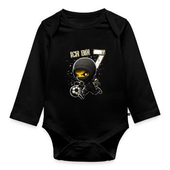 Kinder Geburtstag 7 Jahre - Fussball und Ninjas - Baby Bio-Langarm-Body - Schwarz - Vorne