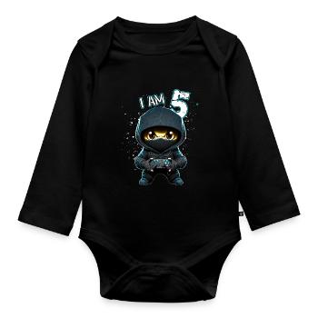 Children birthday 5 years - video games and gamers - Baby Bio-Langarm-Body - Schwarz - Vorne