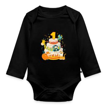 1er anniversaire gâteau animaux fête cadeau 1 an - Body Bébé bio manches longues - noir - Devant
