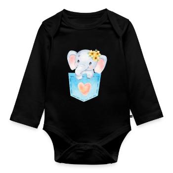 Bébé éléphant dans la poche de poitrine éléphant kawaii - Body Bébé bio manches longues - noir - Devant
