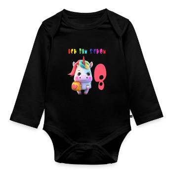 Ich bin schon 8 Süsses Einhorn mit Rucksack Motiv - Baby Bio-Langarm-Body - Schwarz - Vorne