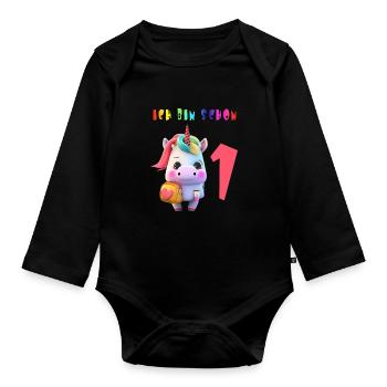 Ich bin schon 1 Süsses Einhorn mit Rucksack Motiv - Baby Bio-Langarm-Body - Schwarz - Vorne