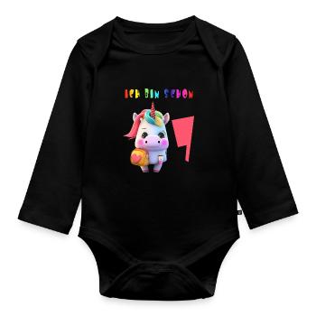 Ich bin schon 7 Süsses Einhorn mit Rucksack Motiv - Baby Bio-Langarm-Body - Schwarz - Vorne