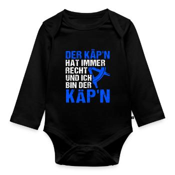 Der Käpt'n hat immer Recht und ich bin der Käpt'n - Baby Bio-Langarm-Body - Schwarz - Vorne