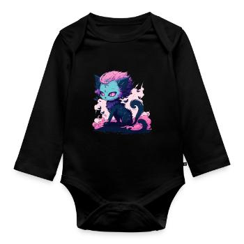 Niedliche Dämon Katze Mädchen - Kawaii Anime Katze - Baby Bio-Langarm-Body - Schwarz - Vorne