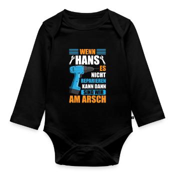 Hans Vorname Name Geburtstag Reparieren - Baby Bio-Langarm-Body - Schwarz - Vorne