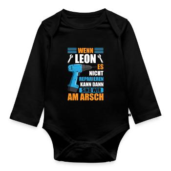Leon Vorname Name Geburtstag Reparieren - Baby Bio-Langarm-Body - Schwarz - Vorne