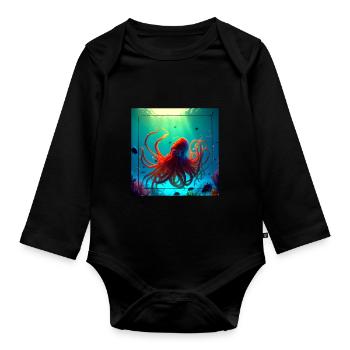 Ocean animals, orange big octopus - Organic Longsleeve Baby Bodysuit - black - Front