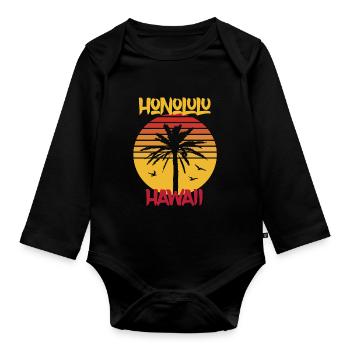 Hawaii Honolulu Palm Ocean Surfing - Organic Longsleeve Baby Bodysuit - black - Front