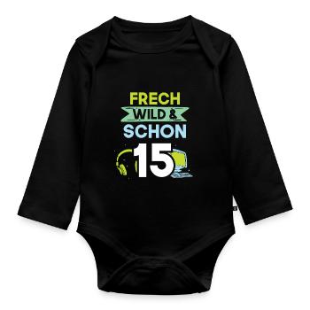 15 Jahre Geburtstag Junge Mädchen Gamer Gaming - Baby Bio-Langarm-Body - Schwarz - Vorne