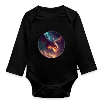 Mystical dragon flying in the clouds - Organic Longsleeve Baby Bodysuit - black - Front
