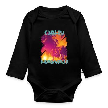 Retro Oahu Vacation Hawaii Palm Trees Beach Ocean - Organic Longsleeve Baby Bodysuit - black - Front