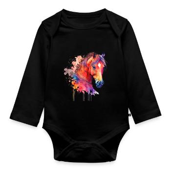 Idée passion chevaux cavalière aquarelle splash - Body Bébé bio manches longues - noir - Devant
