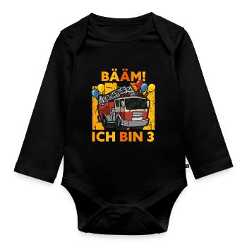 3. Geburtstag 3 Jahre Drei Geschenk Feuerwehr Auto - Baby Bio-Langarm-Body - Schwarz - Vorne