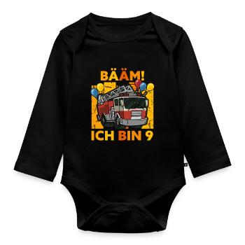 9. Geburtstag 9 Neun Jahre Geschenk Feuerwehr Auto - Baby Bio-Langarm-Body - Schwarz - Vorne