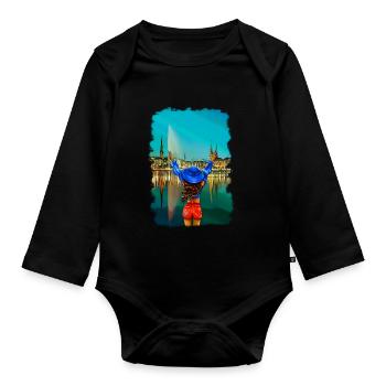 Hamburg woman brunette skyline illustration - Organic Longsleeve Baby Bodysuit - black - Front