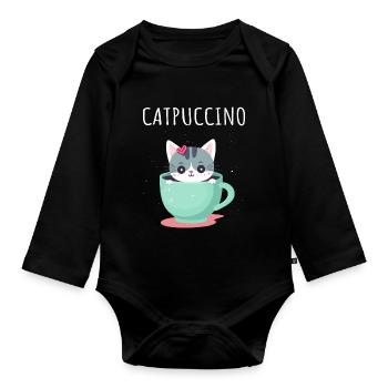 Catpuccino Katze in Kaffee-Tasse - Baby Bio-Langarm-Body - Schwarz - Vorne