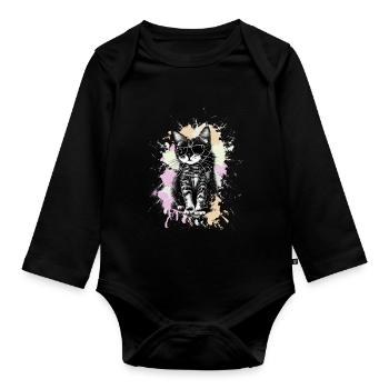 Coole Katze Mit Sonnenbrille - Baby Bio-Langarm-Body - Schwarz - Vorne