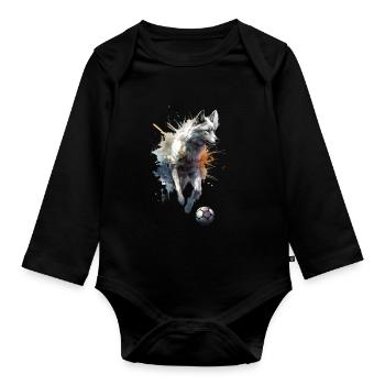 Süße Tier Fußballspieler, weißer Wolf - Baby Bio-Langarm-Body - Schwarz - Vorne