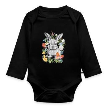 Rabbit Rabbit Flowers - Organic Longsleeve Baby Bodysuit - black - Front