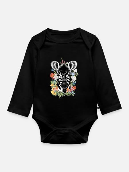 Zebra Blumen - Baby Bio-Langarm-Body - Schwarz