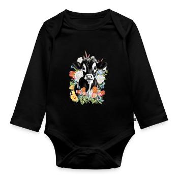 Kuh Blumen - Baby Bio-Langarm-Body - Schwarz - Vorne