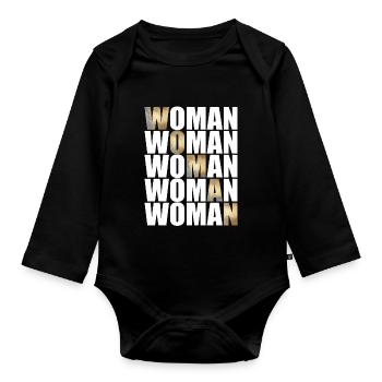 Femme avec des lettres dorées et blanches - Body Bébé bio manches longues - noir - Devant