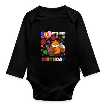 4th Birthday Fox - Organic Longsleeve Baby Bodysuit - black - Front