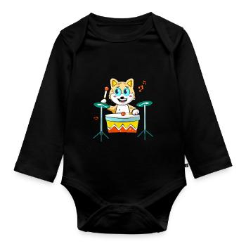 Cat Playing Drums - Organic Longsleeve Baby Bodysuit - black - Front