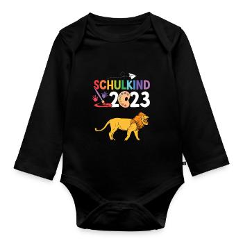 Löwe Schulanfang Schulkind 2023 - Baby Bio-Langarm-Body - Schwarz - Vorne