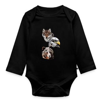 Motif d’animal sauvage avec aigle, loup et tête d’ours - Body Bébé bio manches longues - noir - Devant