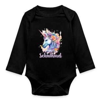 Einhorn Blumen Schulkind Einschulung 2023 - Baby Bio-Langarm-Body - Schwarz - Vorne