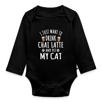 Funny chai latte and cat owner - Organic Longsleeve Baby Bodysuit - black - Front