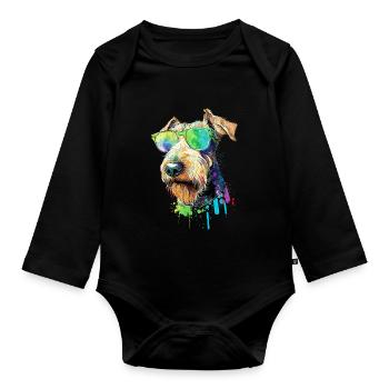 Welsh Terrier Airedale Terrier mit Sonnenbrille - Baby Bio-Langarm-Body - Schwarz - Vorne