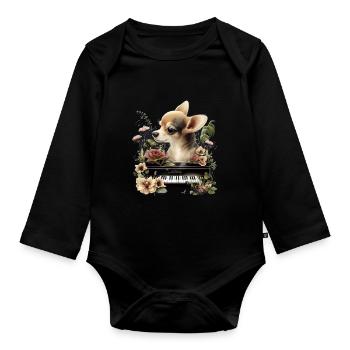Chihuahua spielt Klavier Piano Klassische Musik - Baby Bio-Langarm-Body - Schwarz - Vorne