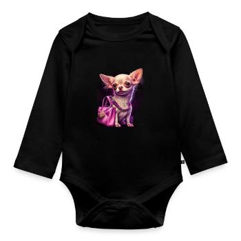 Pink Chihuahua | Rosa Handtasche Welpe Girlie - Baby Bio-Langarm-Body - Schwarz - Vorne