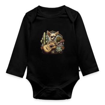 Chihuahua | Aloha Ukulélé Hawaï Guitare Chien - Body Bébé bio manches longues - noir - Devant