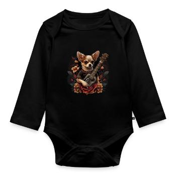 Chihuahua | Aloha Ukulélé Hawaï Guitare Chien - Body Bébé bio manches longues - noir - Devant