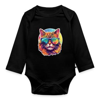 Katze Hippie 60s 70s - Baby Bio-Langarm-Body - Schwarz - Vorne