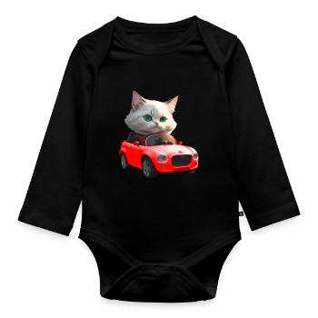 Katze fährt Cabrio - Baby Bio-Langarm-Body - Schwarz - Vorne