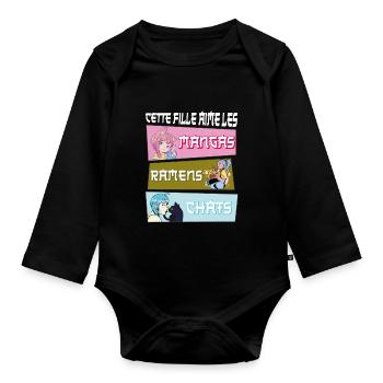 Cette Fille Aime les Manga Ramen Chat - Body Bébé bio manches longues - noir - Devant