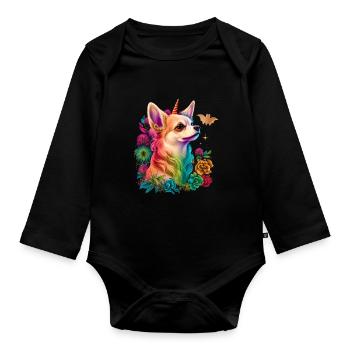Chihuahua | Bunt Regenbogen LGBTQ Einhorn Hund - Baby Bio-Langarm-Body - Schwarz - Vorne