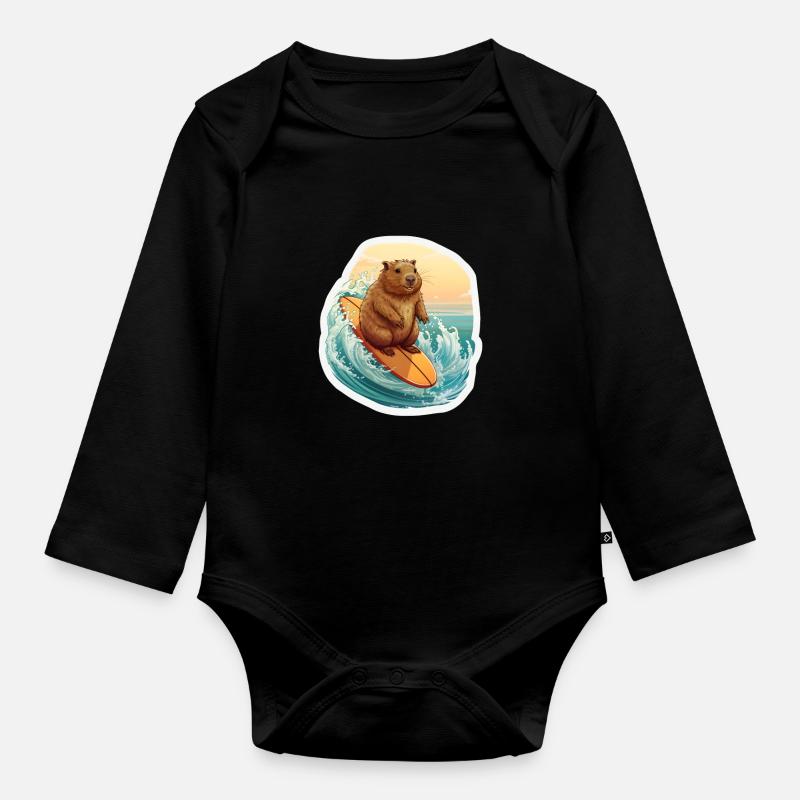 Capybara Surfer - Baby Bio-Langarm-Body - Schwarz